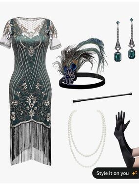 Gatsby 1920s Flapper Dresses- Roaring 20s Sequin Beaded Dress Fringe dress L